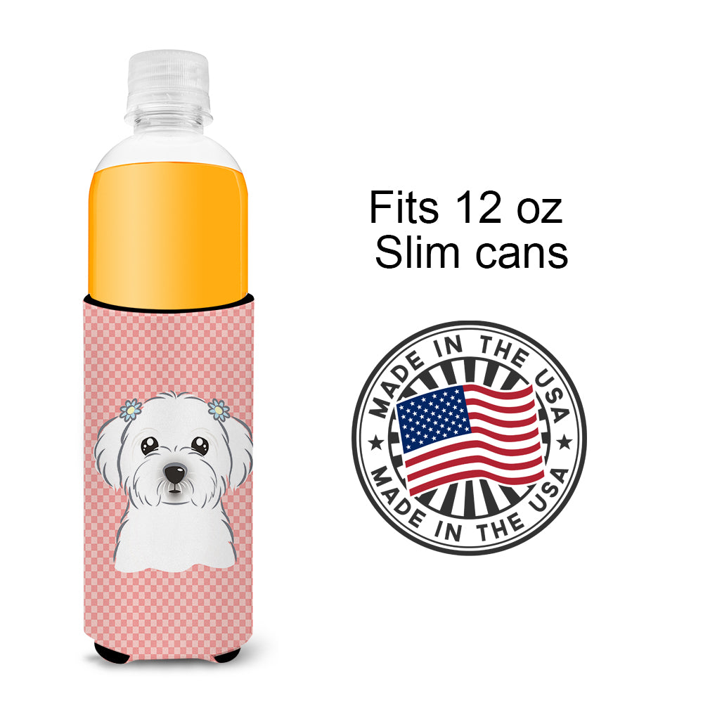 Checkerboard Pink Maltese Ultra Beverage Insulators for slim cans BB1208MUK.