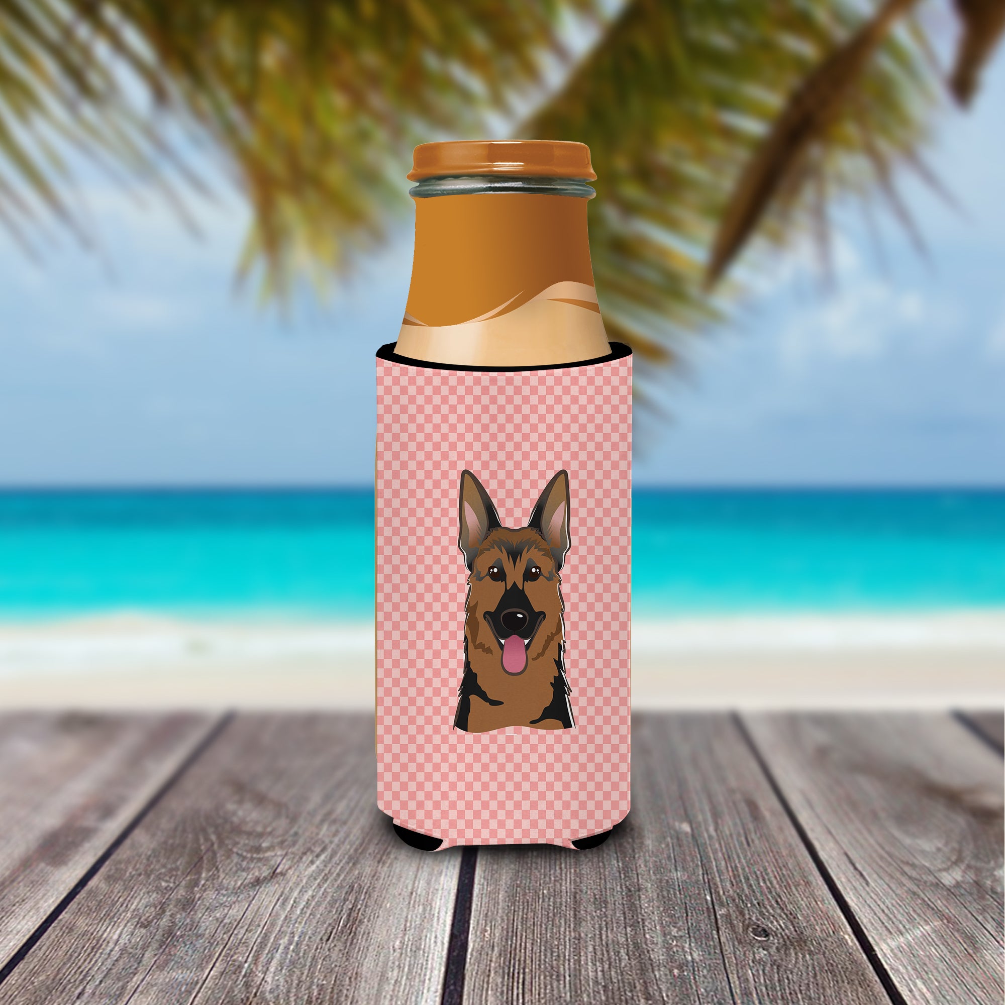 Checkerboard Pink German Shepherd Ultra Beverage Insulators for slim cans BB1211MUK.