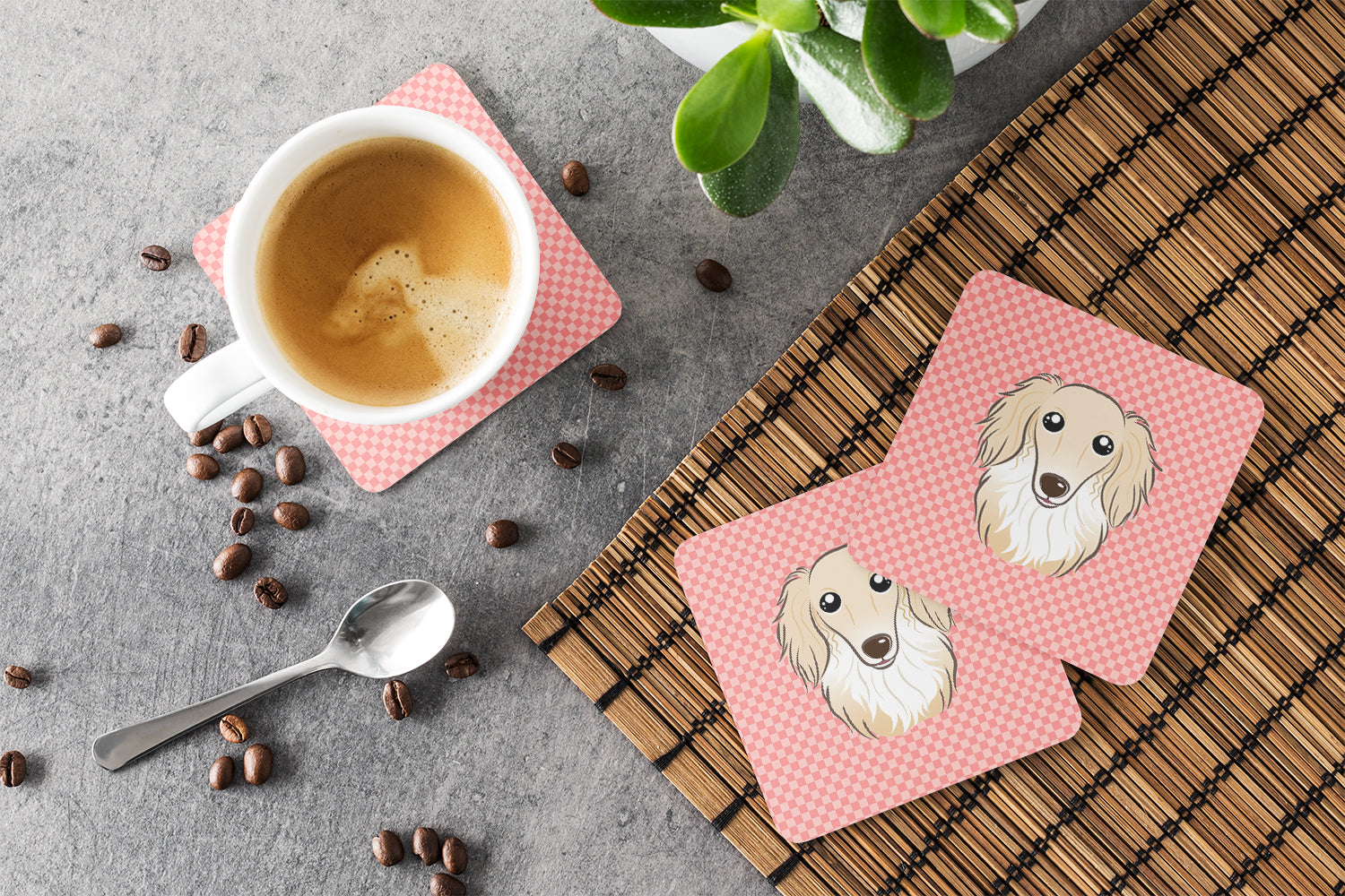 Set of 4 Checkerboard Pink Longhair Creme Dachshund Foam Coasters BB1212FC - the-store.com