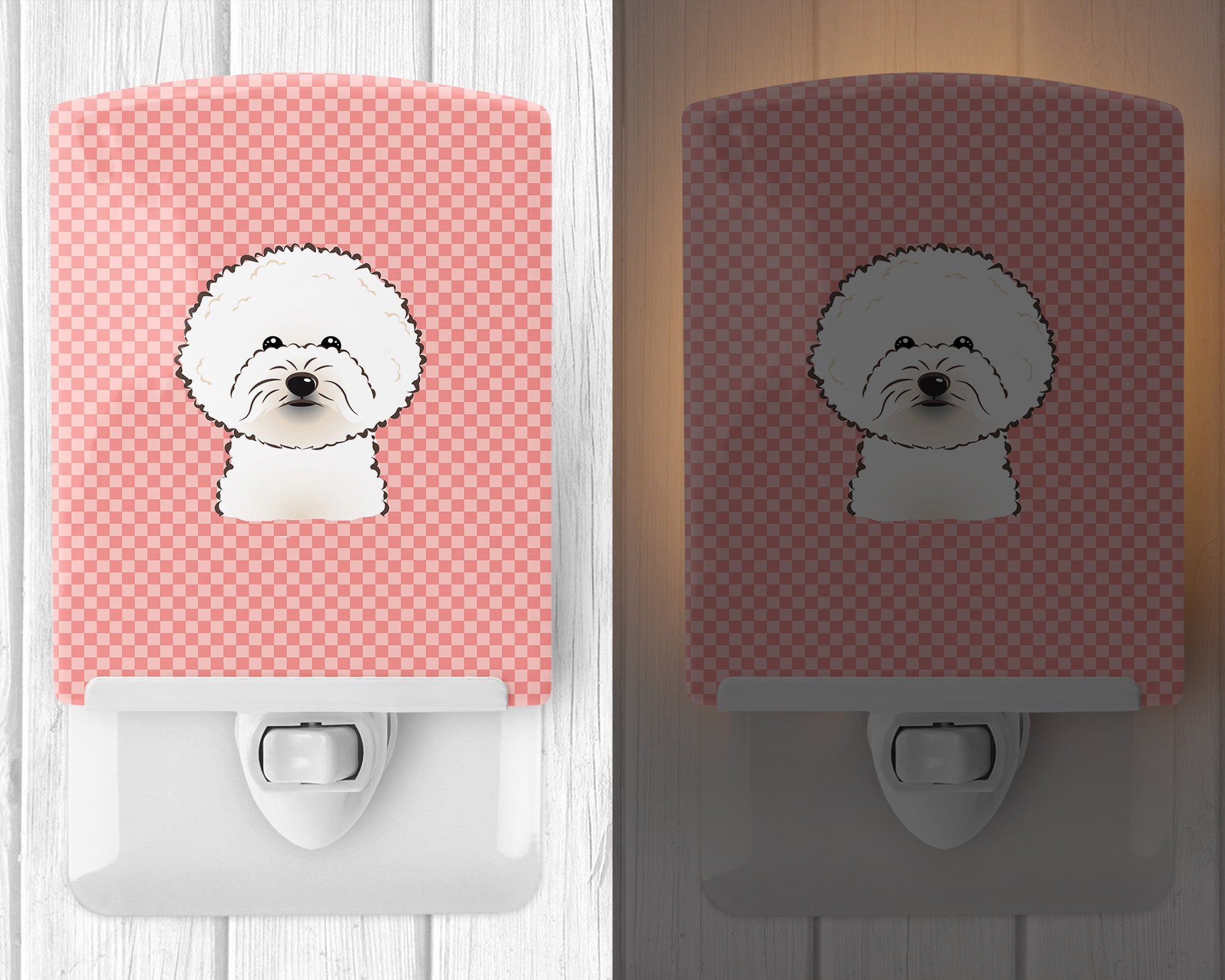 Checkerboard Pink Bichon Frise Ceramic Night Light BB1217CNL - the-store.com