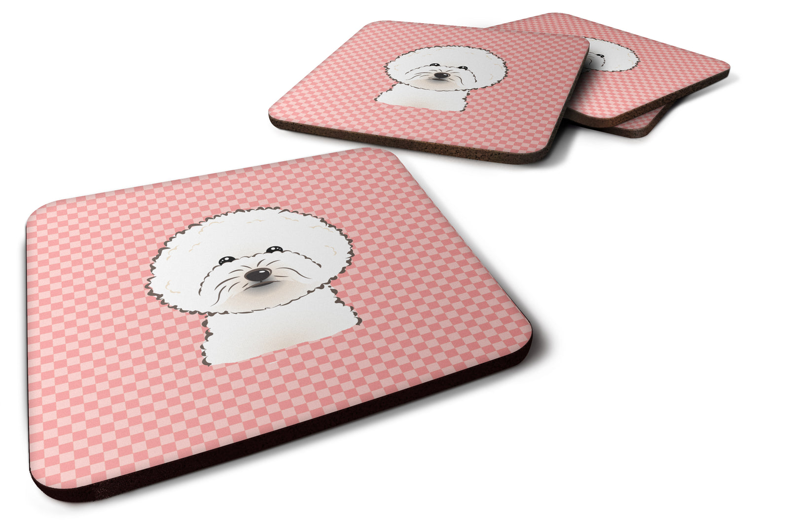 Set of 4 Checkerboard Pink Bichon Frise Foam Coasters BB1217FC - the-store.com