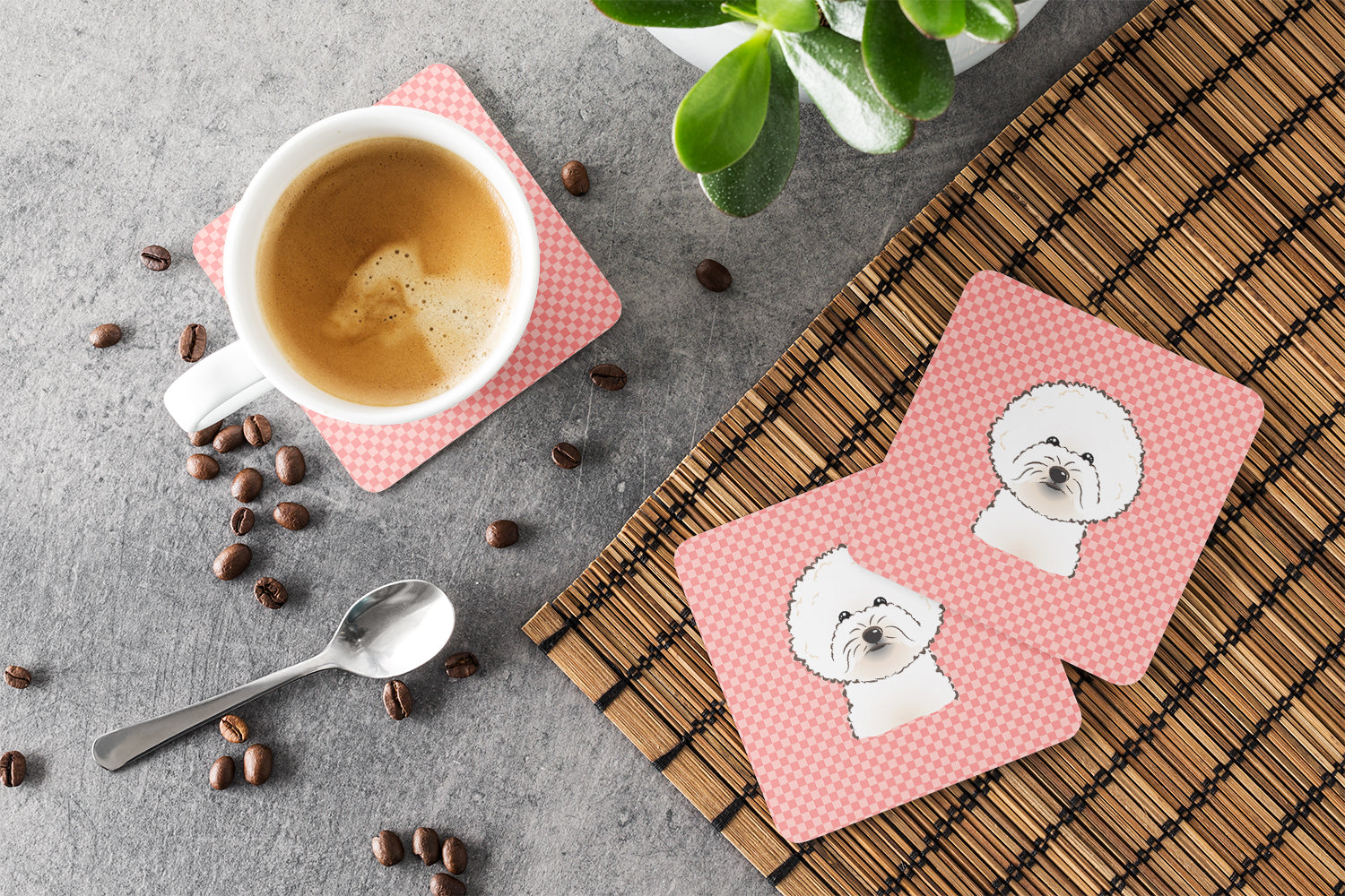 Set of 4 Checkerboard Pink Bichon Frise Foam Coasters BB1217FC - the-store.com