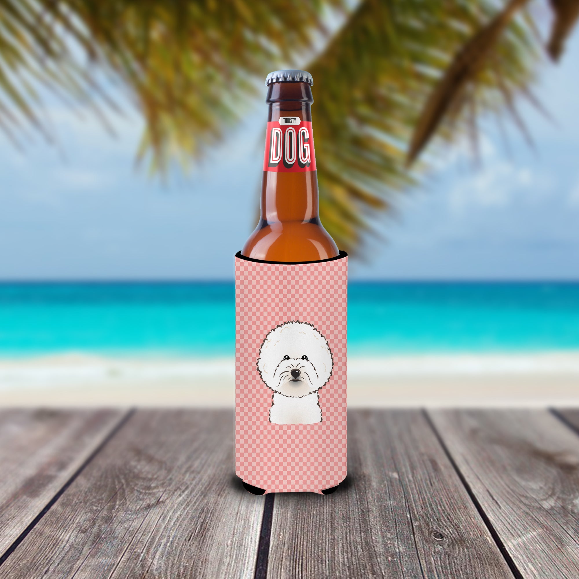 Checkerboard Pink Bichon Frise Ultra Beverage Insulators for slim cans BB1217MUK.