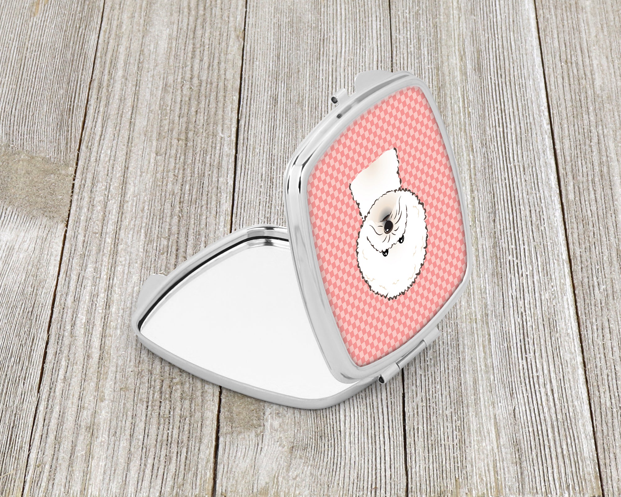 Checkerboard Pink Bichon Frise Compact Mirror BB1217SCM  the-store.com.