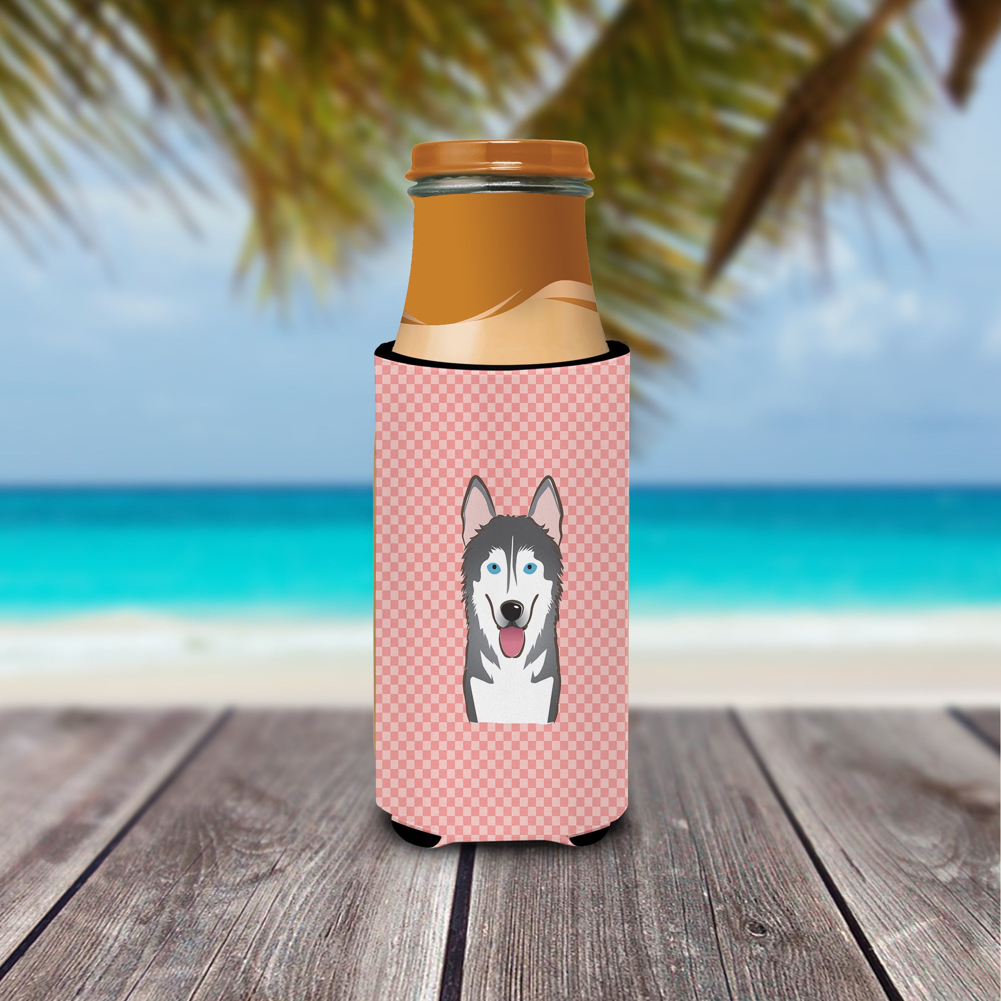 Checkerboard Pink Alaskan Malamute Ultra Beverage Insulators for slim cans.