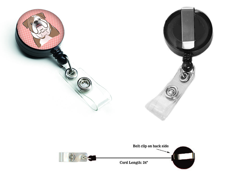 Checkerboard Pink English Bulldog  Retractable Badge Reel BB1219BR.