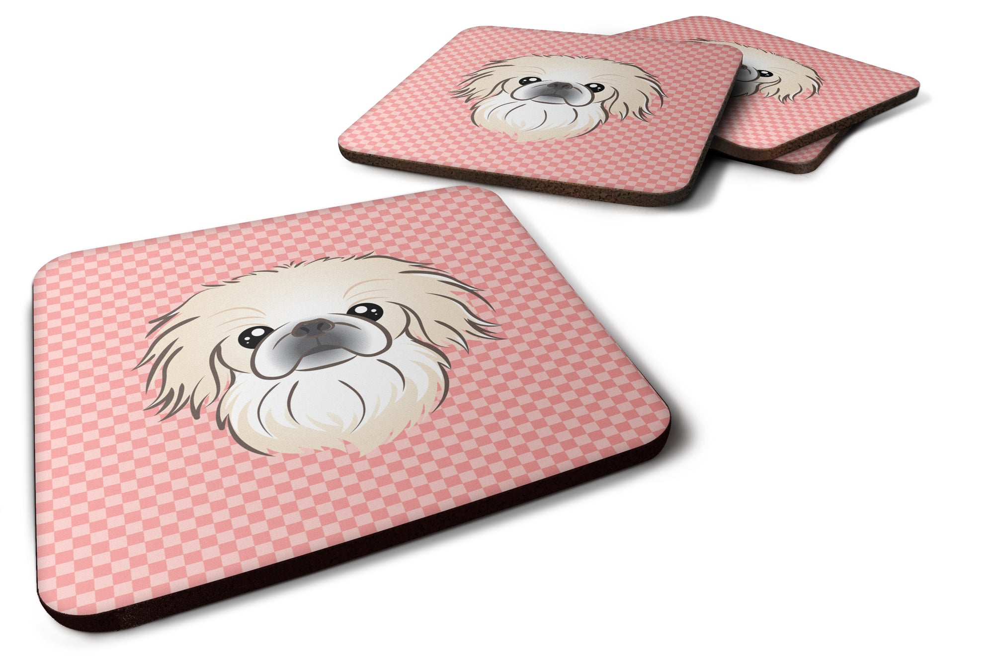 Set of 4 Checkerboard Pink Pekingese Foam Coasters BB1221FC - the-store.com