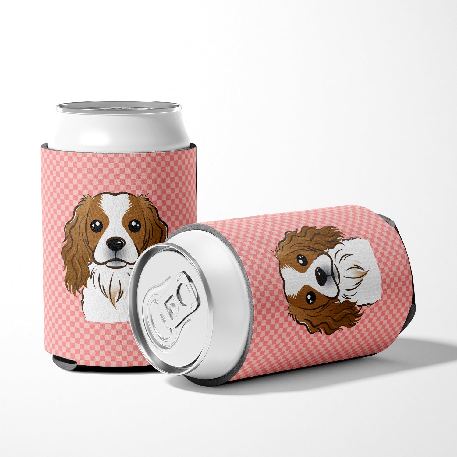 Checkerboard Pink Cavalier Spaniel Can or Bottle Hugger BB1224CC.