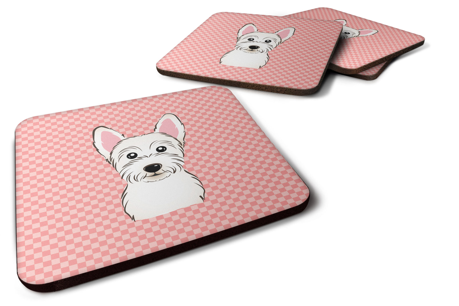 Set of 4 Checkerboard Pink Westie Foam Coasters BB1226FC - the-store.com