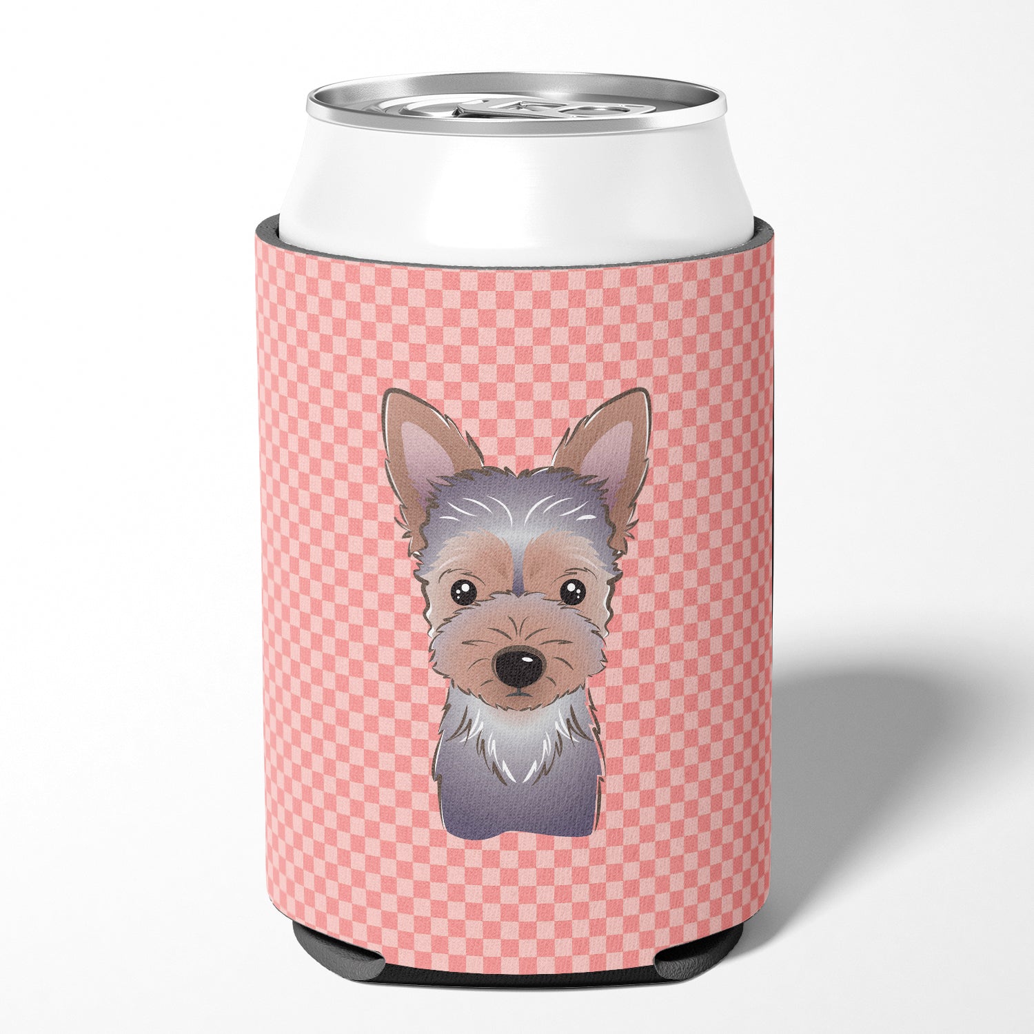 Checkerboard Pink Yorkie Puppy Can or Bottle Hugger BB1232CC.