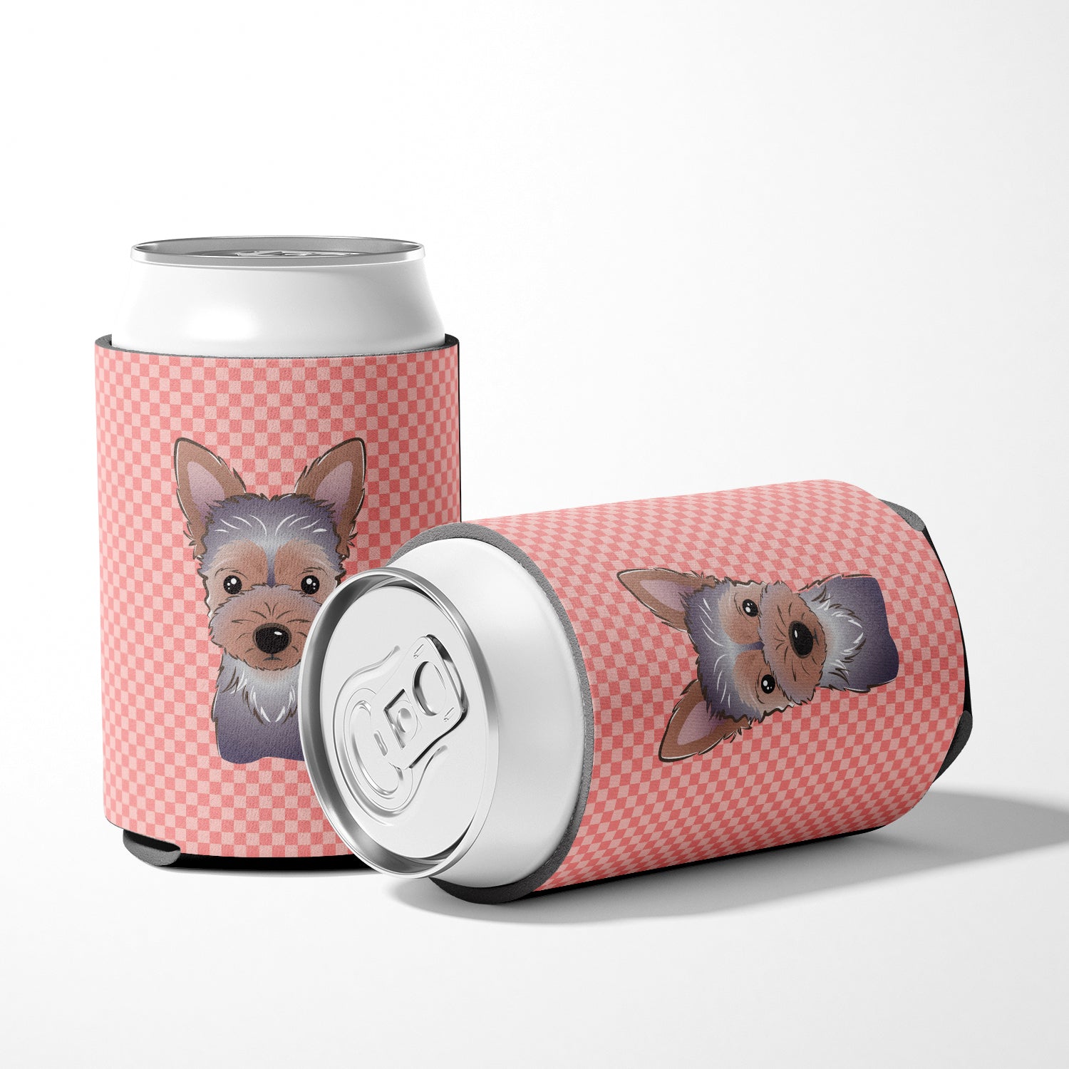 Checkerboard Pink Yorkie Puppy Can or Bottle Hugger BB1232CC.