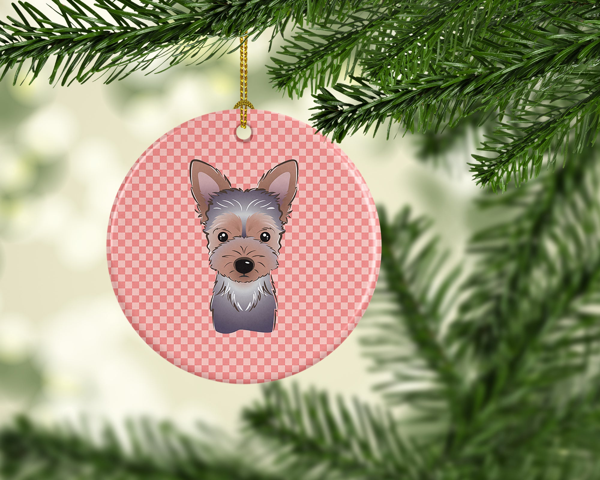 Checkerboard Pink Yorkie Puppy Ceramic Ornament - the-store.com