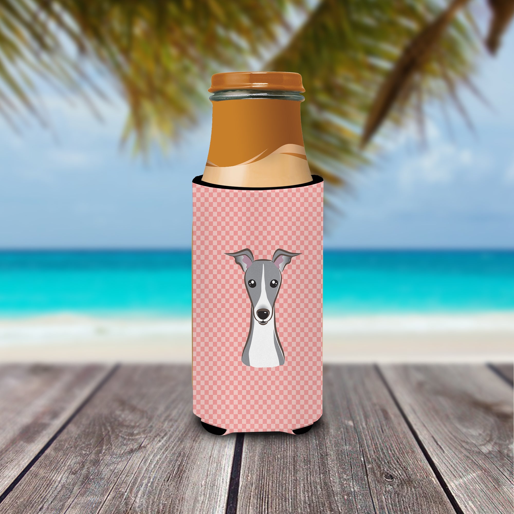 Checkerboard Pink Italian Greyhound Ultra Beverage Insulators for slim cans.