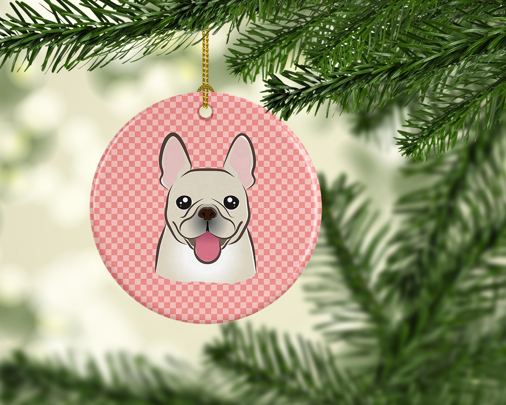 Checkerboard Pink French Bulldog Ceramic Ornament BB1238CO1 - the-store.com