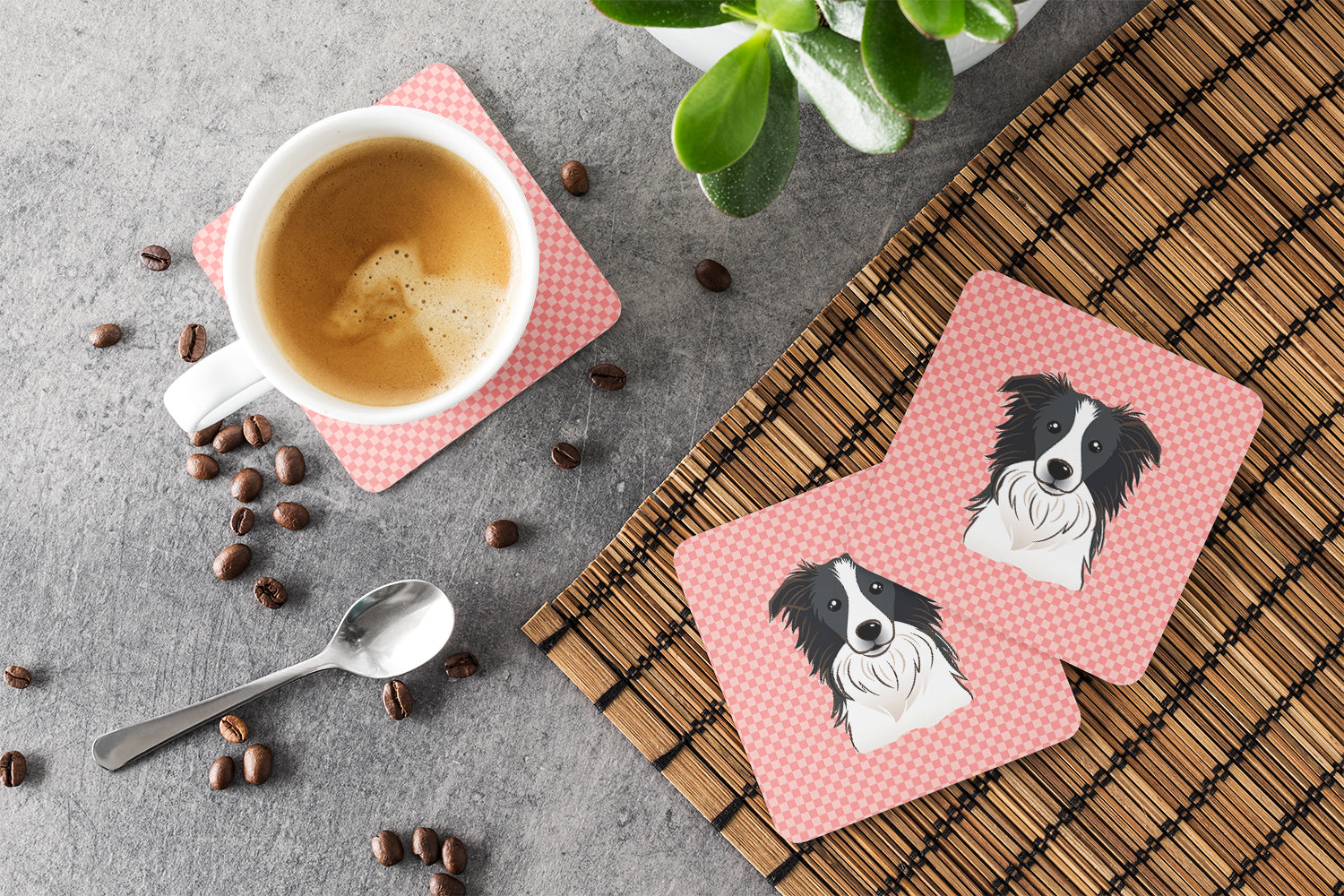 Set of 4 Checkerboard Pink Border Collie Foam Coasters BB1241FC - the-store.com