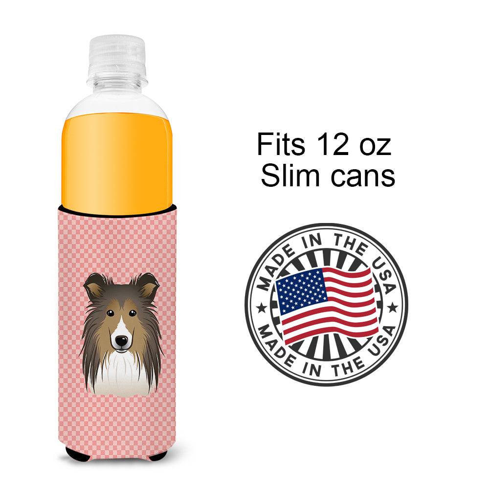 Checkerboard Pink Sheltie Ultra Beverage Insulators for slim cans BB1242MUK.