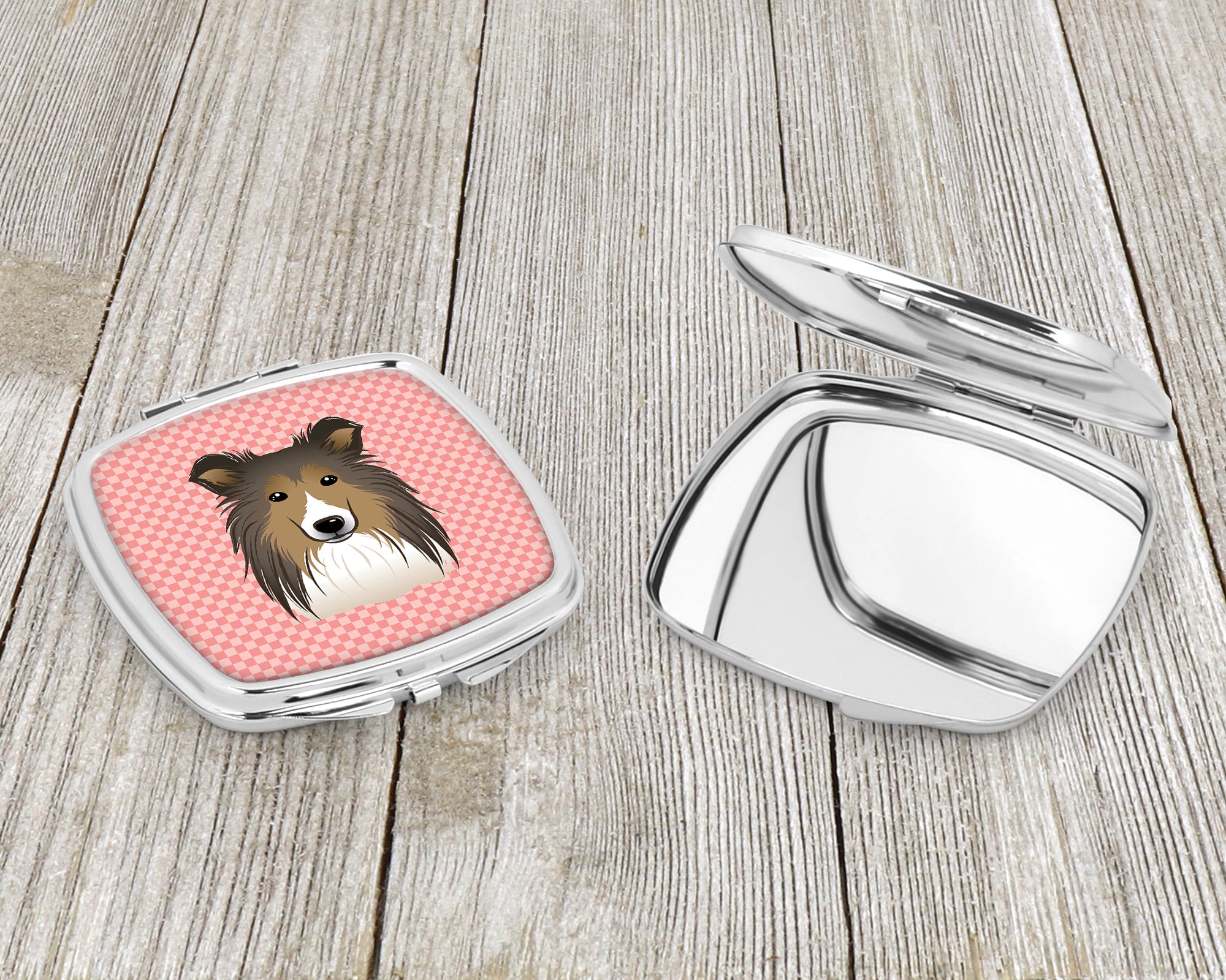 Checkerboard Pink Sheltie Compact Mirror BB1242SCM  the-store.com.