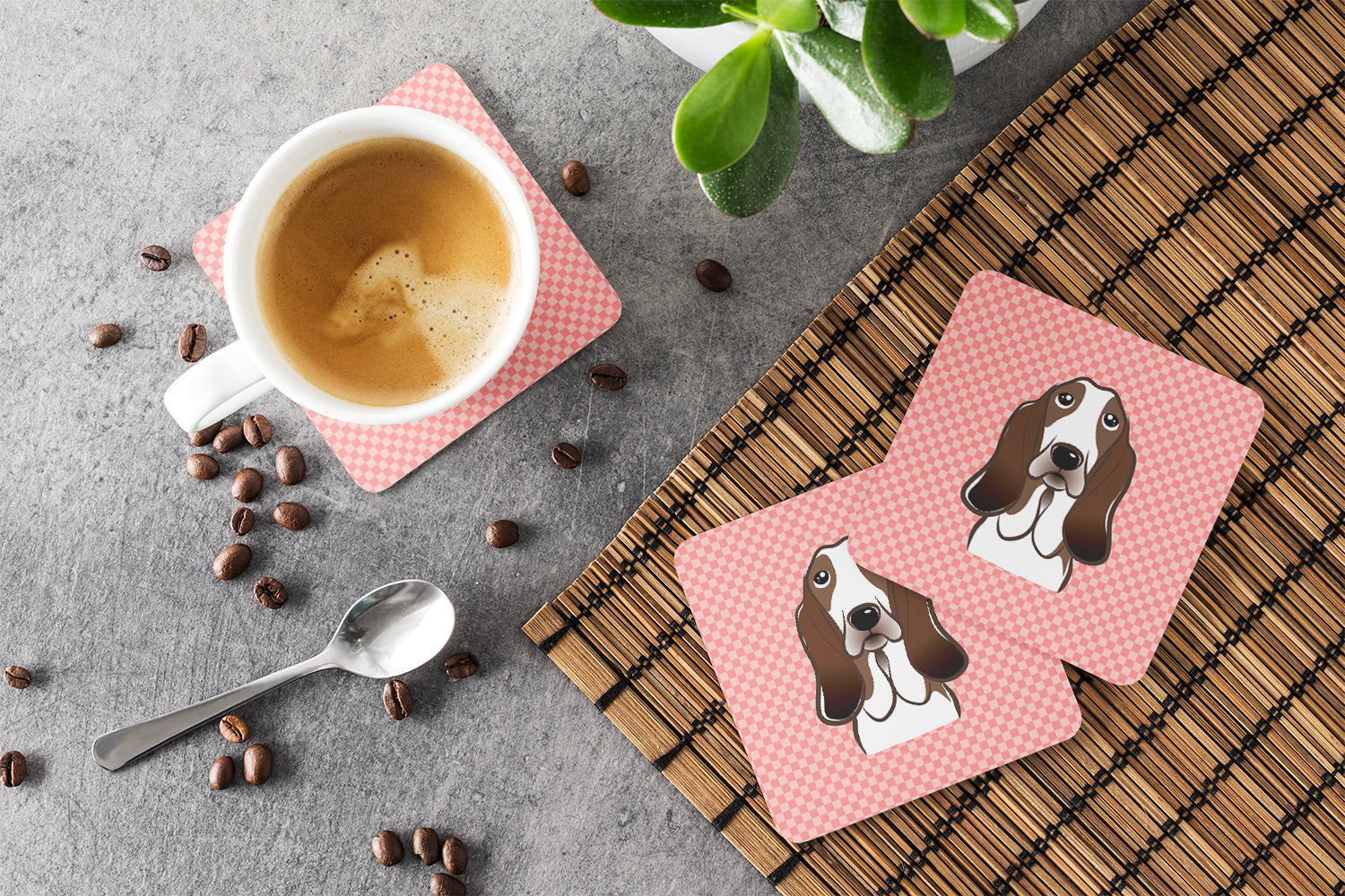 Set of 4 Checkerboard Pink Basset Hound Foam Coasters BB1243FC - the-store.com