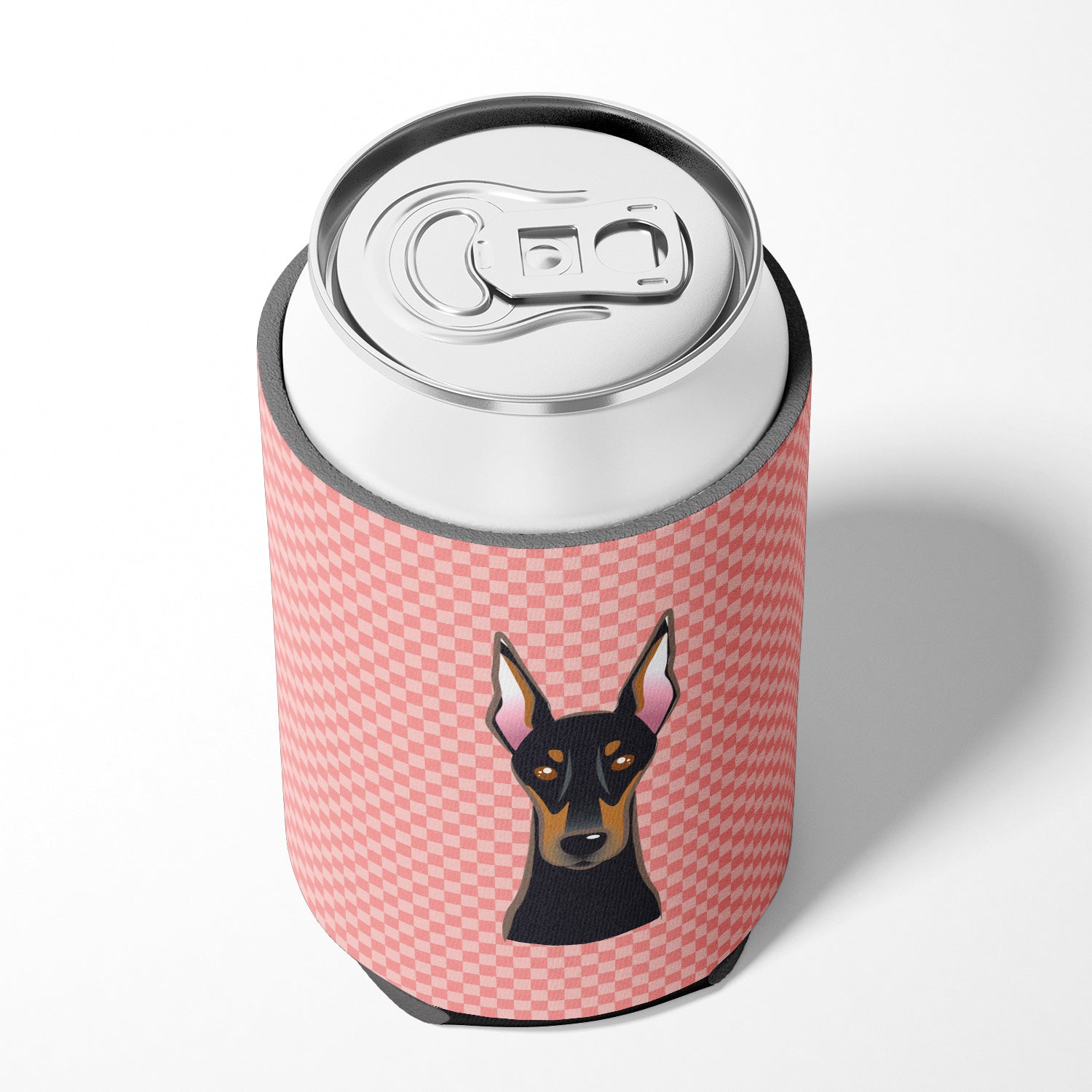 Checkerboard Pink Doberman Can or Bottle Hugger BB1245CC.