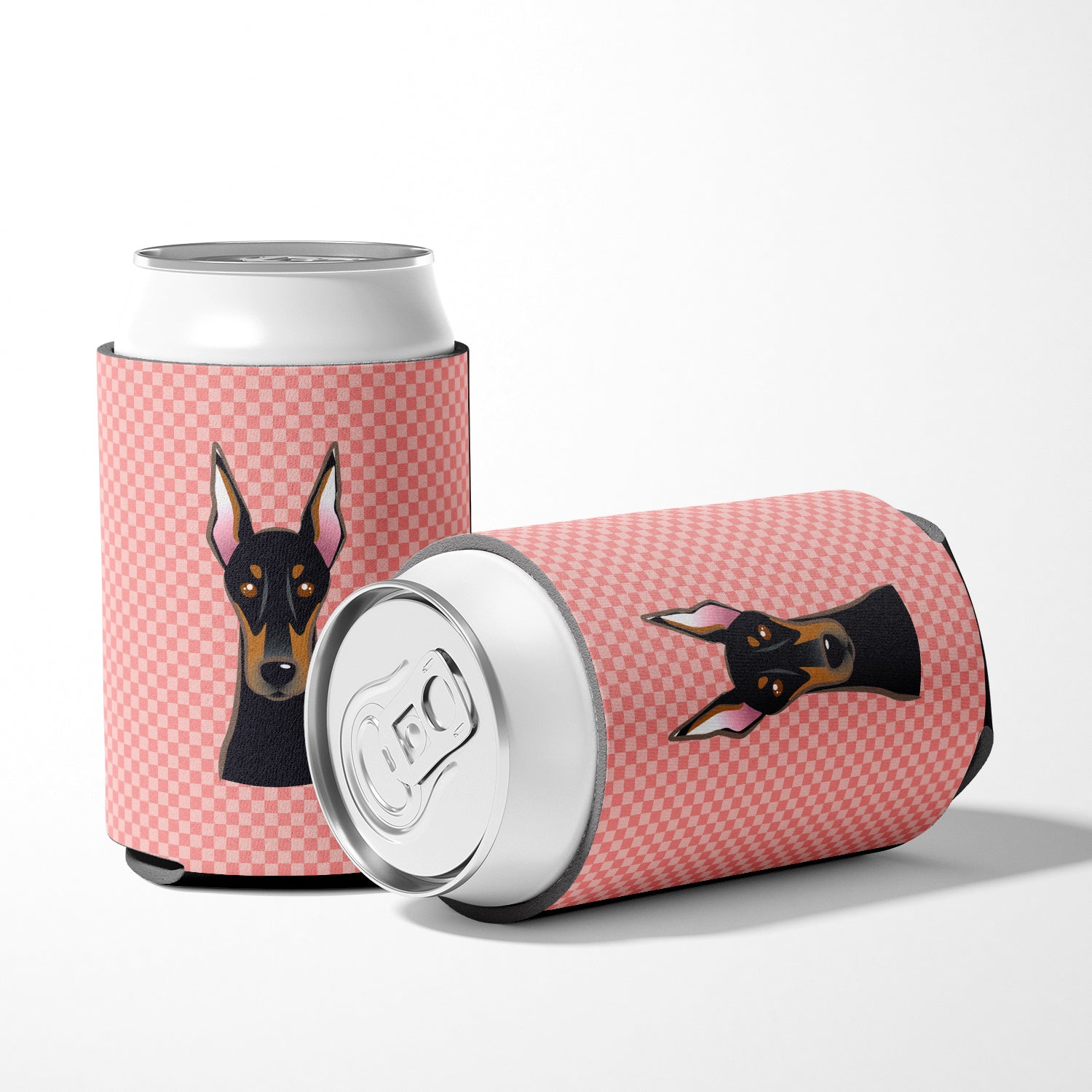 Checkerboard Pink Doberman Can or Bottle Hugger BB1245CC.