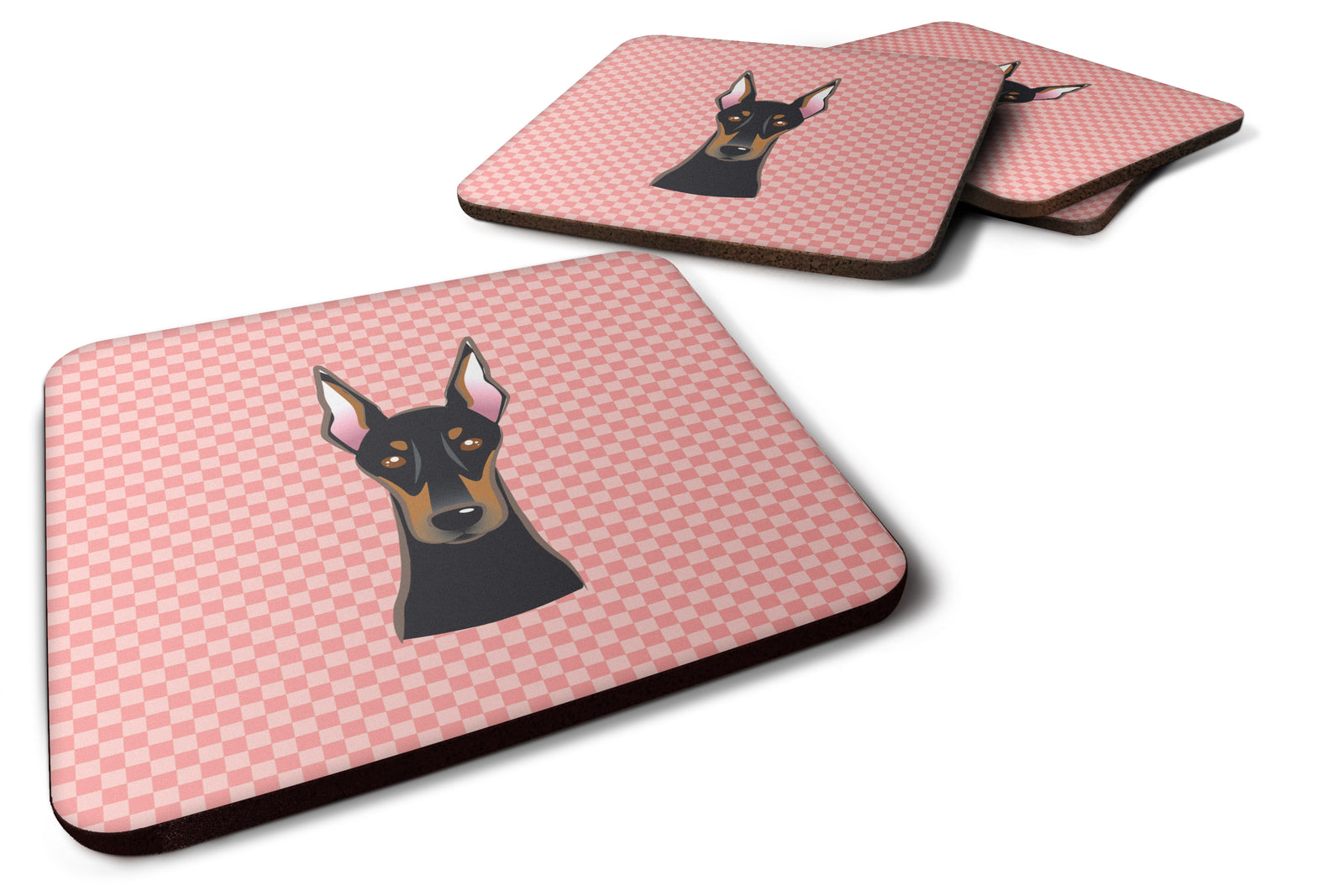 Set of 4 Checkerboard Pink Doberman Foam Coasters BB1245FC - the-store.com