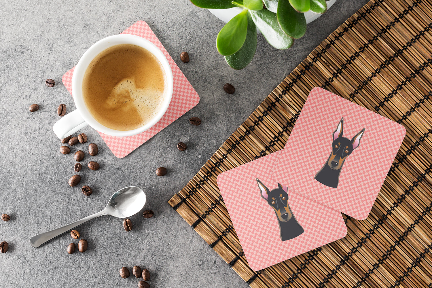 Set of 4 Checkerboard Pink Doberman Foam Coasters BB1245FC - the-store.com