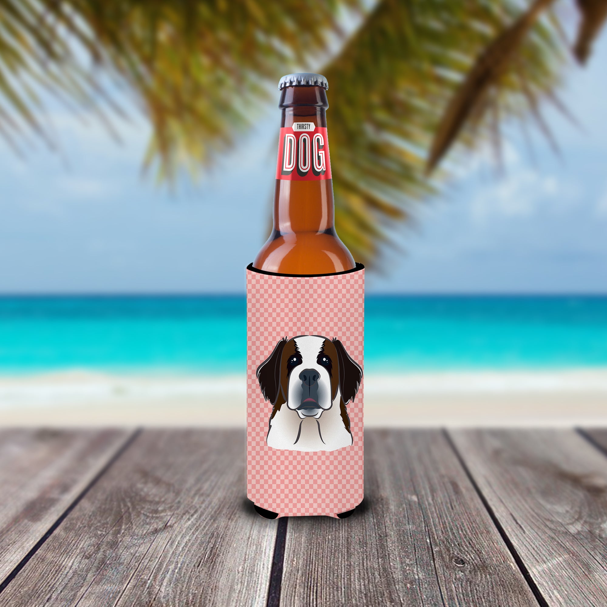 Checkerboard Pink Saint Bernard Ultra Beverage Insulators for slim cans BB1246MUK.