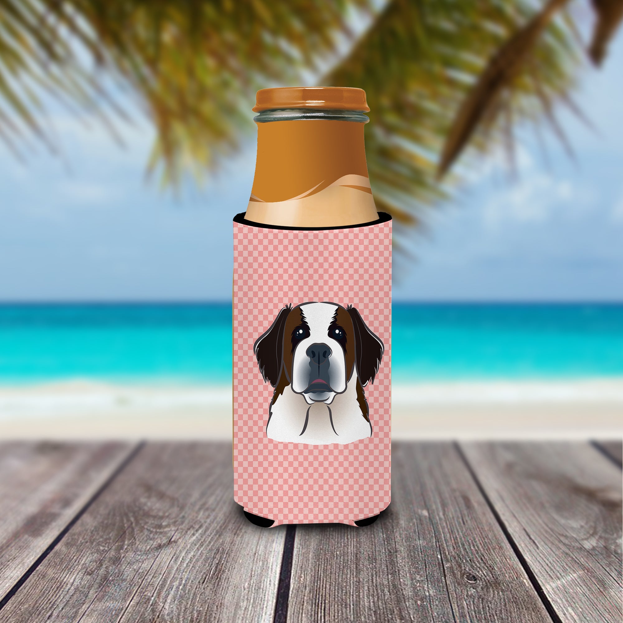 Checkerboard Pink Saint Bernard Ultra Beverage Insulators for slim cans BB1246MUK.