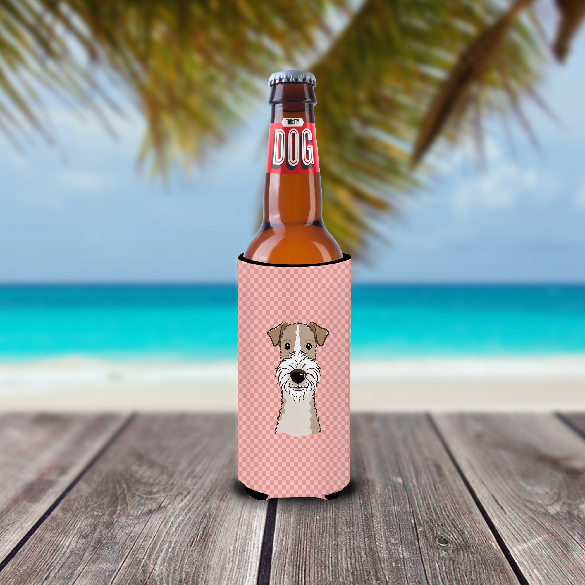 Checkerboard Pink Wire Haired Fox Terrier Ultra Beverage Insulators for slim cans.