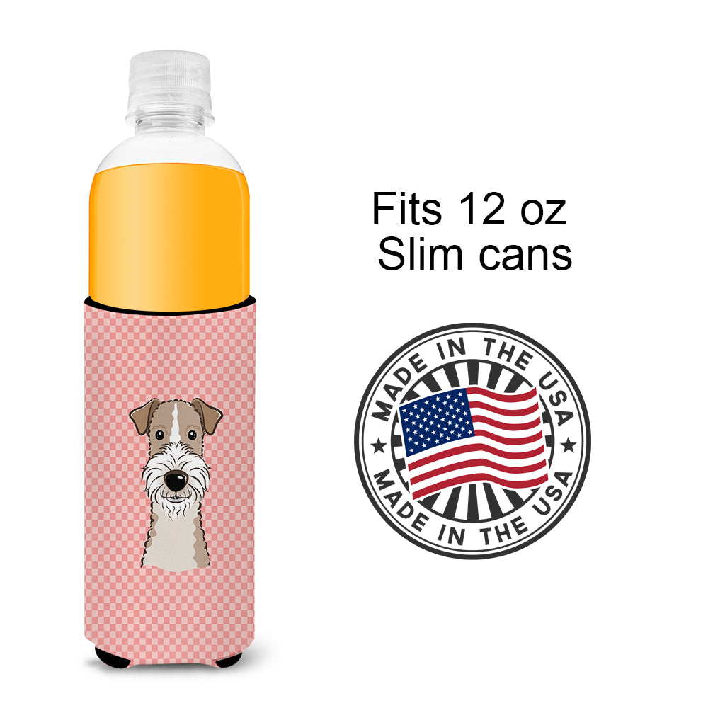 Checkerboard Pink Wire Haired Fox Terrier Ultra Beverage Insulators for slim cans.