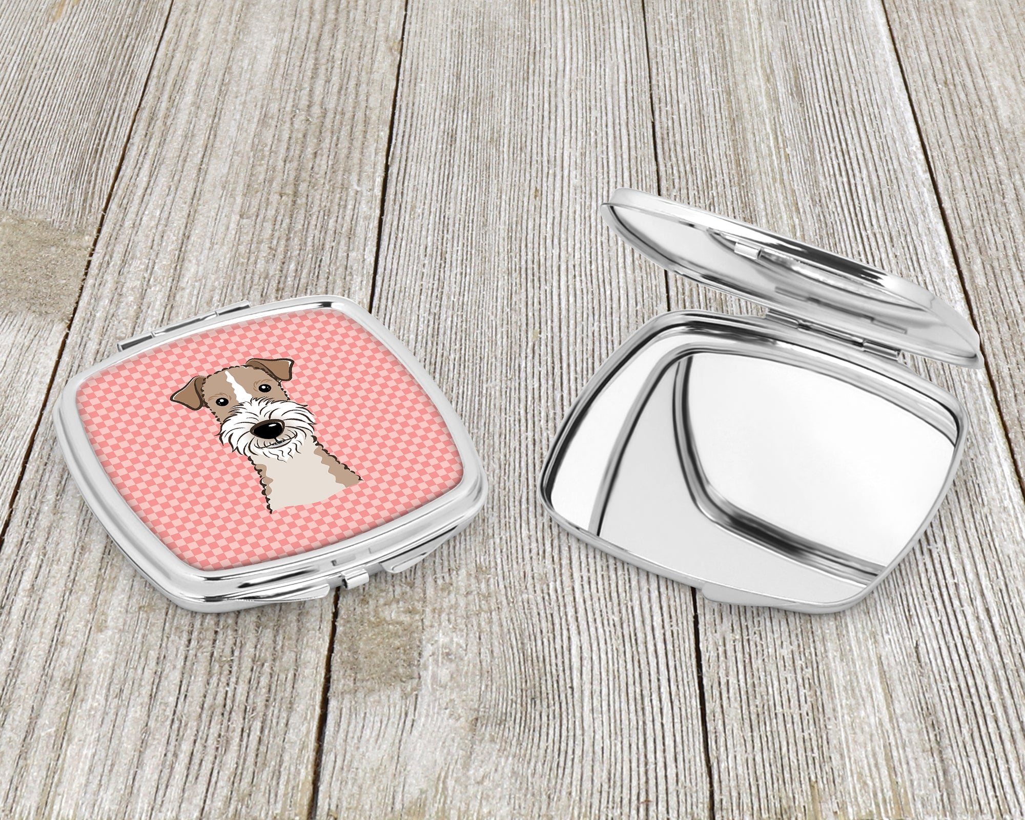 Checkerboard Pink Wire Haired Fox Terrier Compact Mirror BB1247SCM  the-store.com.