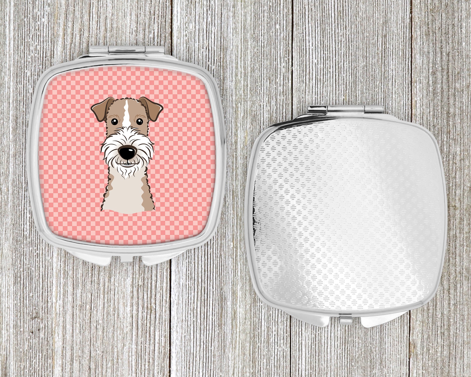 Checkerboard Pink Wire Haired Fox Terrier Compact Mirror BB1247SCM  the-store.com.