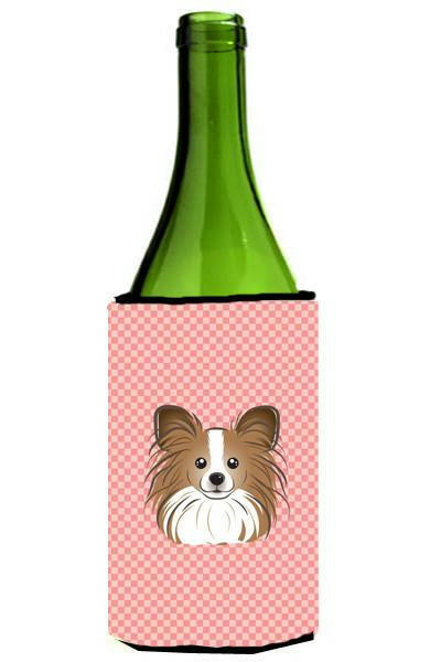 Checkerboard Pink Papillon Wine Bottle Beverage Insulator Hugger BB1248LITERK by Caroline's Treasures