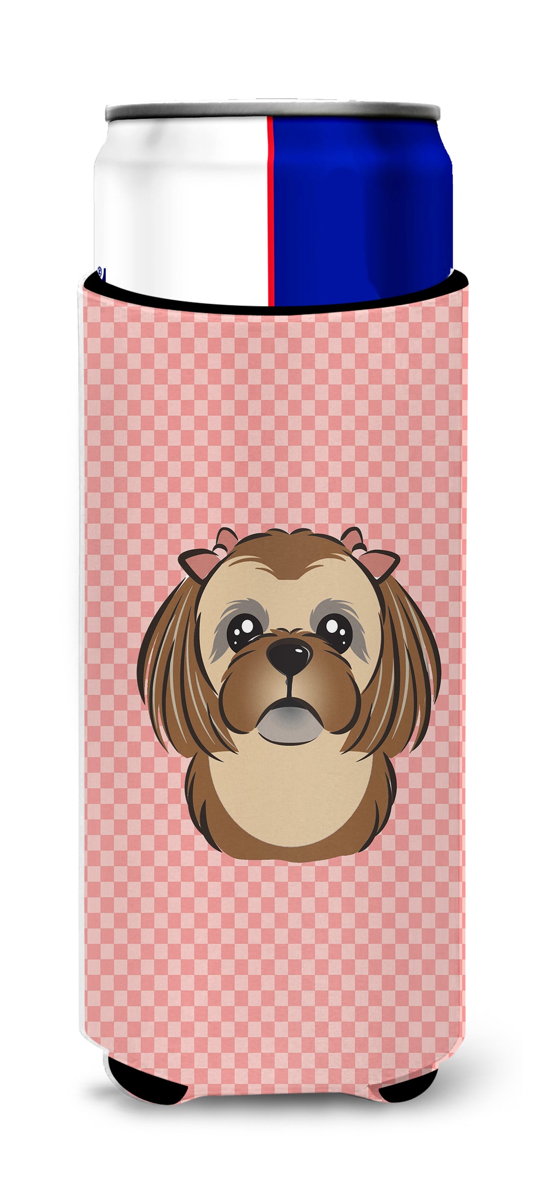 Checkerboard Pink Chocolate Brown Shih Tzu Ultra Beverage Insulators for slim cans.