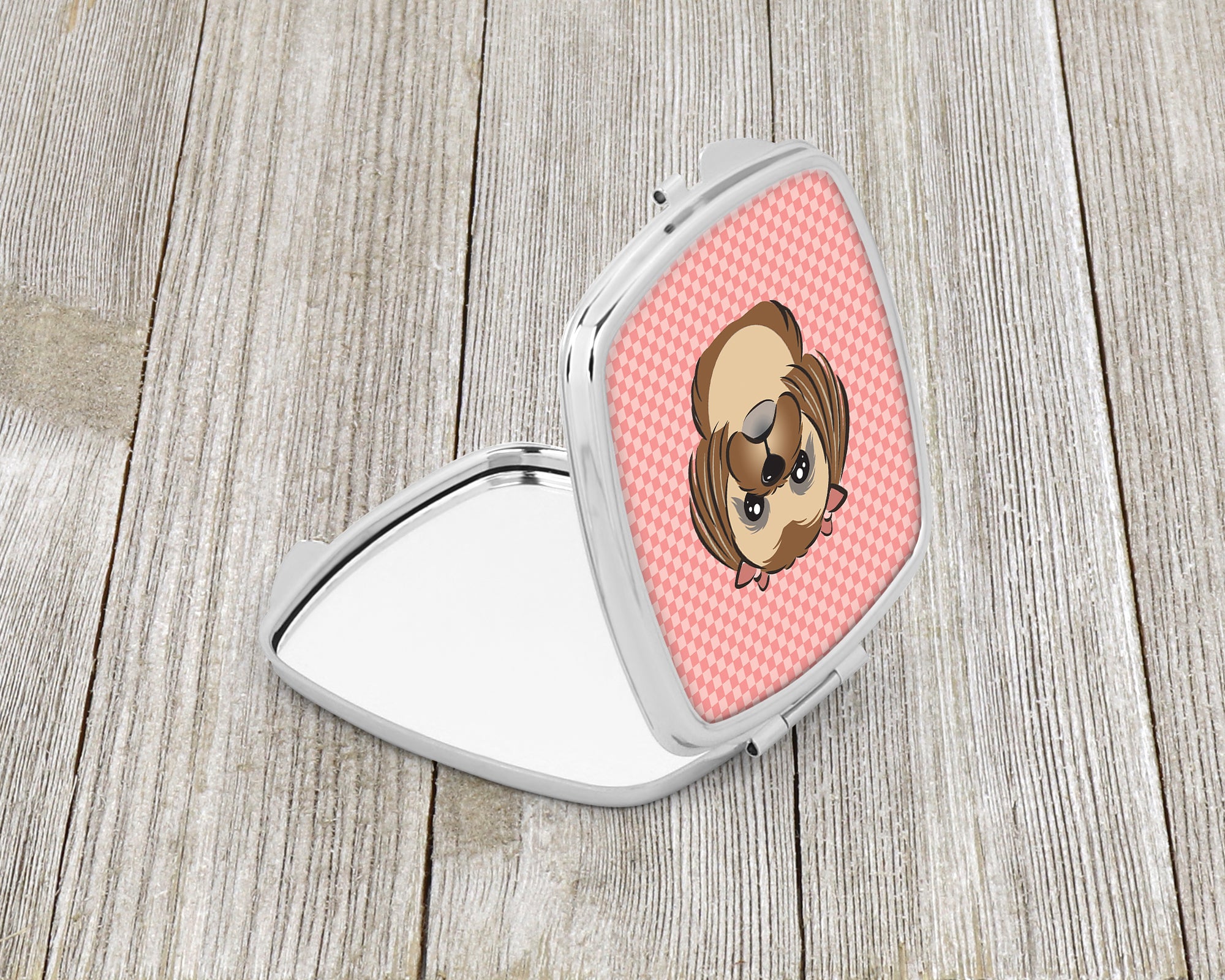 Checkerboard Pink Chocolate Brown Shih Tzu Compact Mirror BB1249SCM  the-store.com.