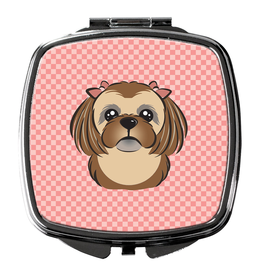 Checkerboard Pink Chocolate Brown Shih Tzu Compact Mirror BB1249SCM  the-store.com.