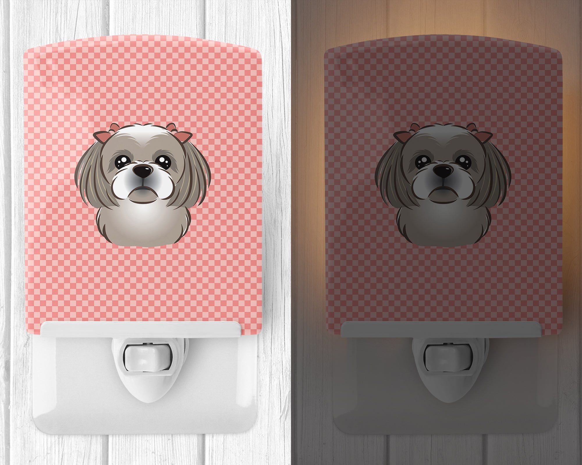 Checkerboard Pink Gray Silver Shih Tzu Ceramic Night Light BB1250CNL - the-store.com