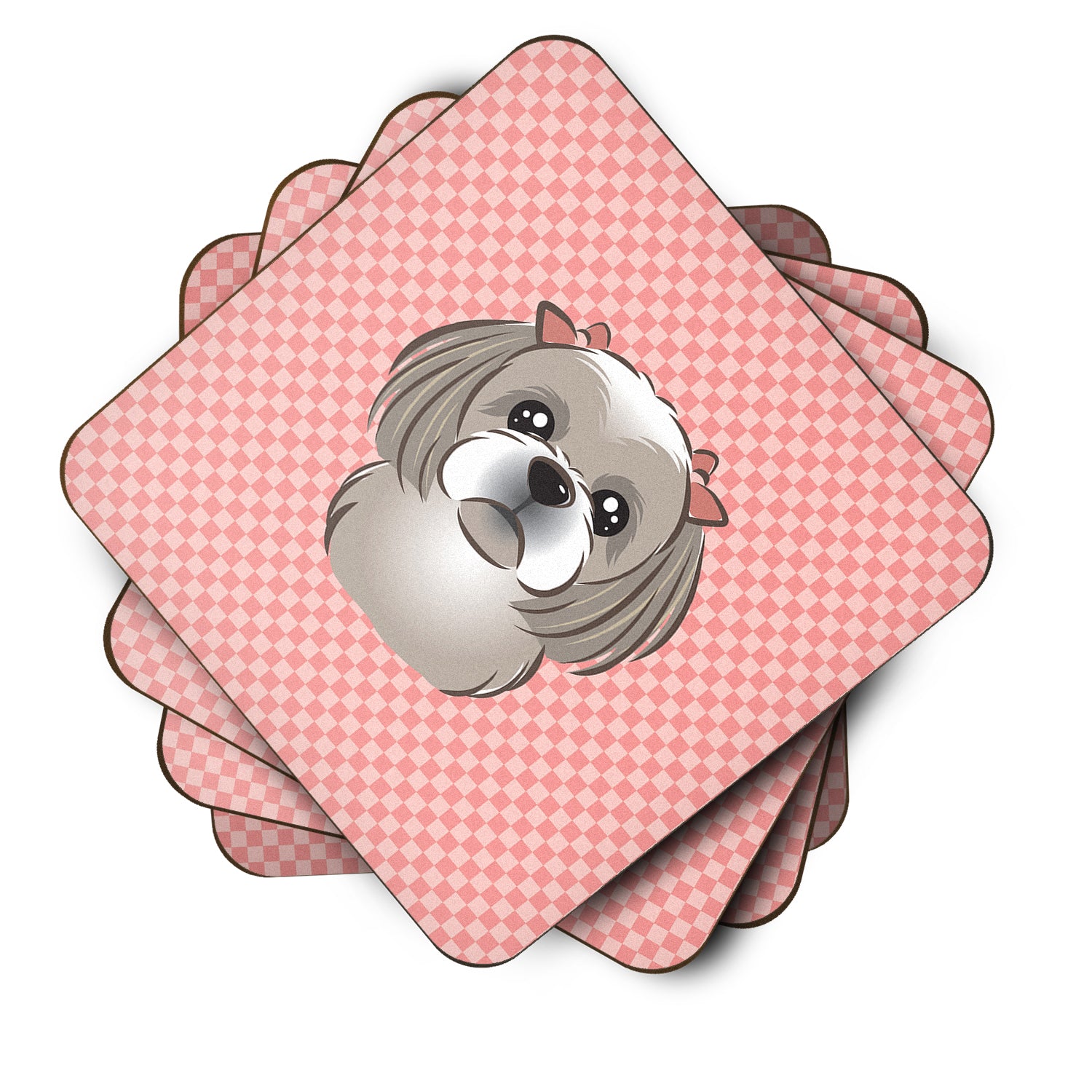 Set of 4 Checkerboard Pink Gray Silver Shih Tzu Foam Coasters BB1250FC - the-store.com