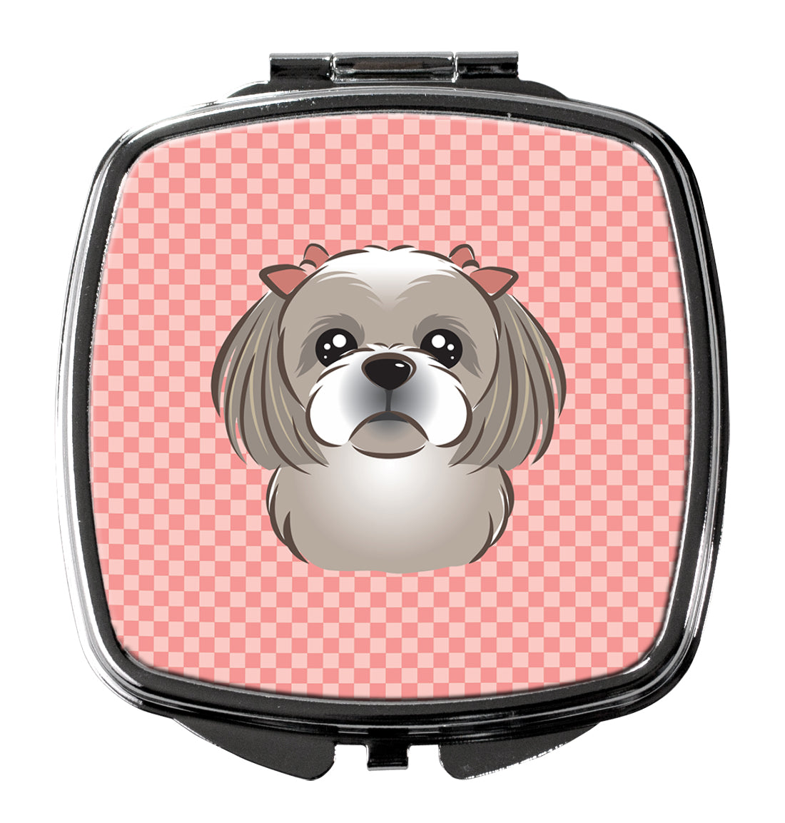 Checkerboard Pink Gray Silver Shih Tzu Compact Mirror BB1250SCM  the-store.com.