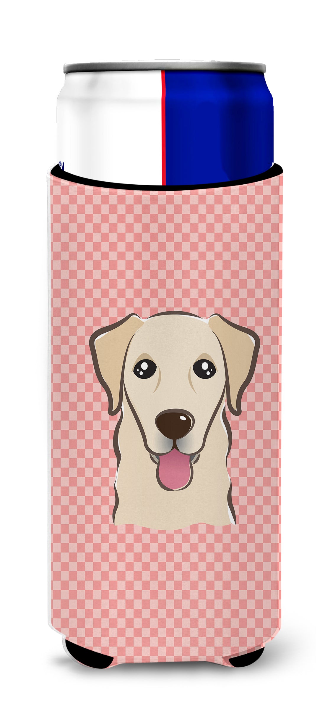 Checkerboard Pink Golden Retriever Ultra Beverage Insulators for slim cans.