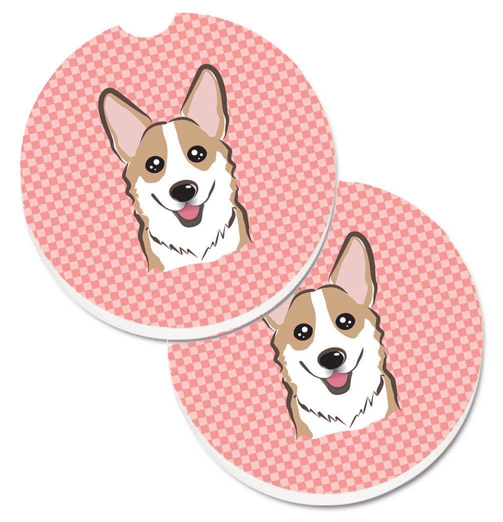 Checkerboard Pink Corgi Set of 2 Cup Holder Car Coasters BB1253CARC by Caroline&#39;s Treasures