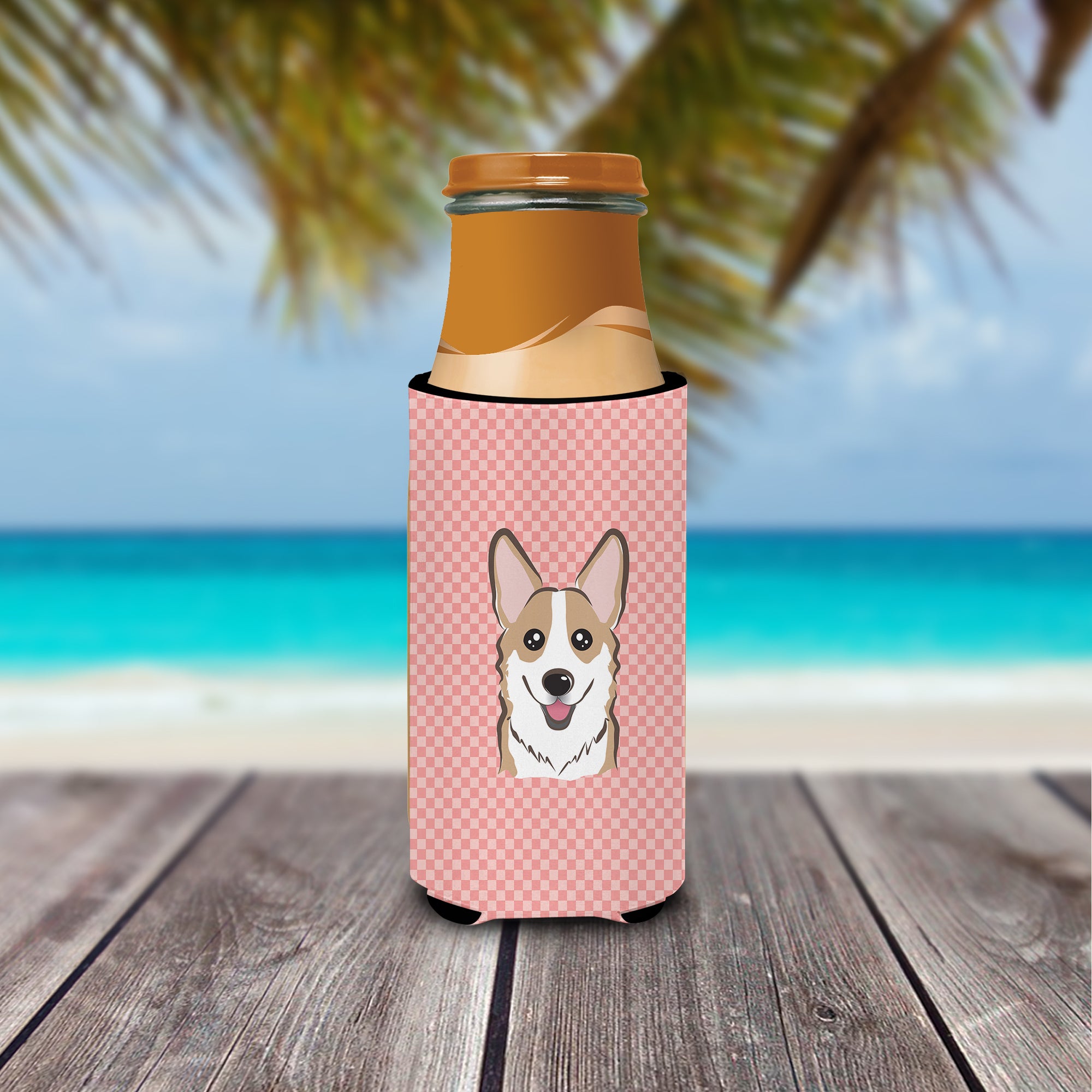 Checkerboard Pink Corgi Ultra Beverage Insulators for slim cans BB1253MUK.