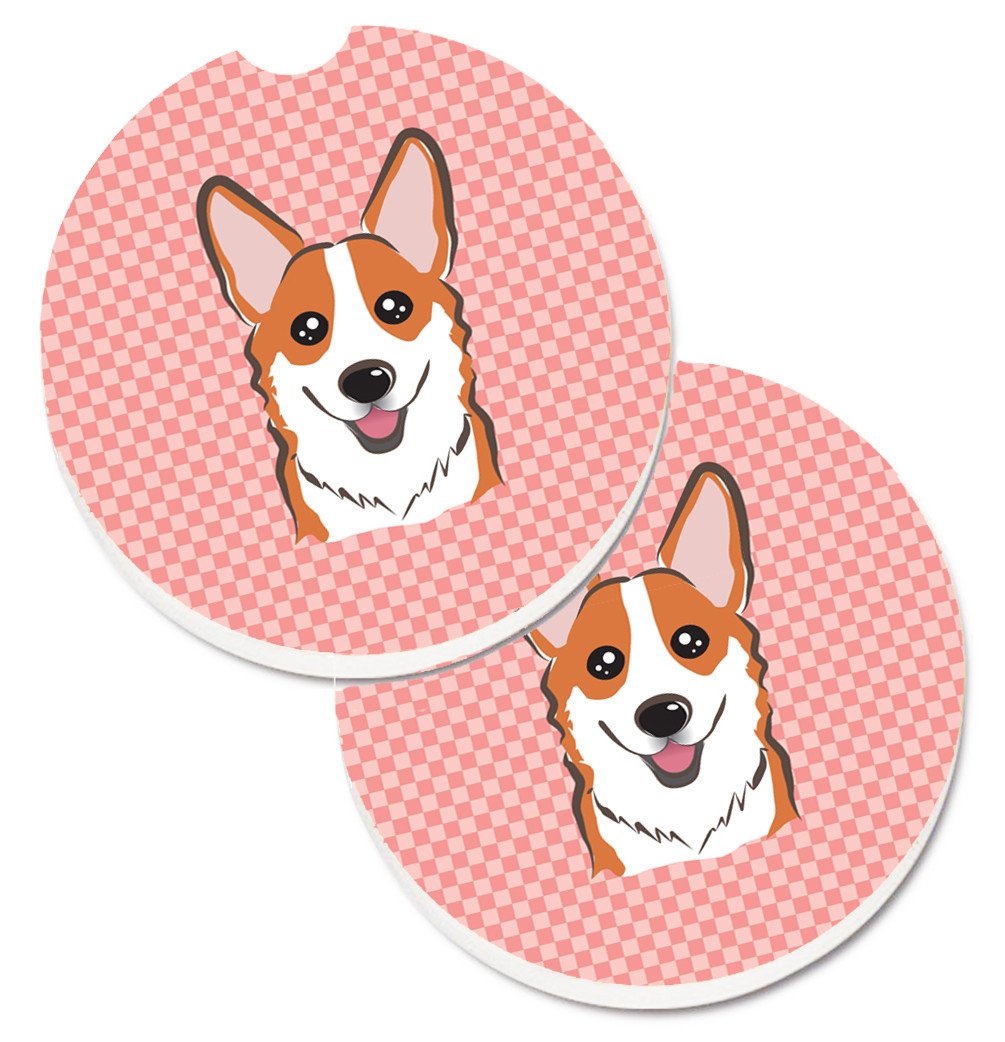 Checkerboard Pink Corgi Set of 2 Cup Holder Car Coasters BB1254CARC by Caroline&#39;s Treasures