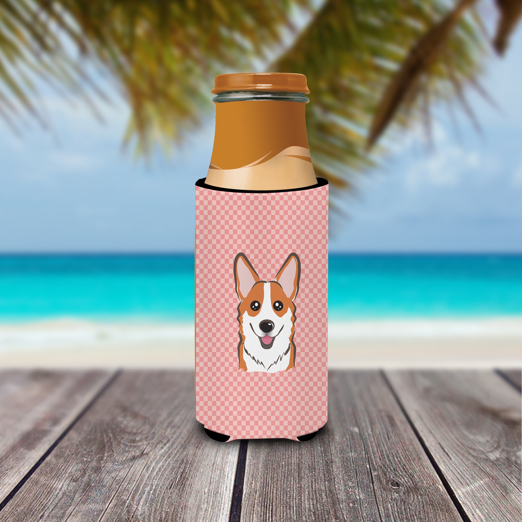 Checkerboard Pink Corgi Ultra Beverage Insulators for slim cans BB1254MUK.