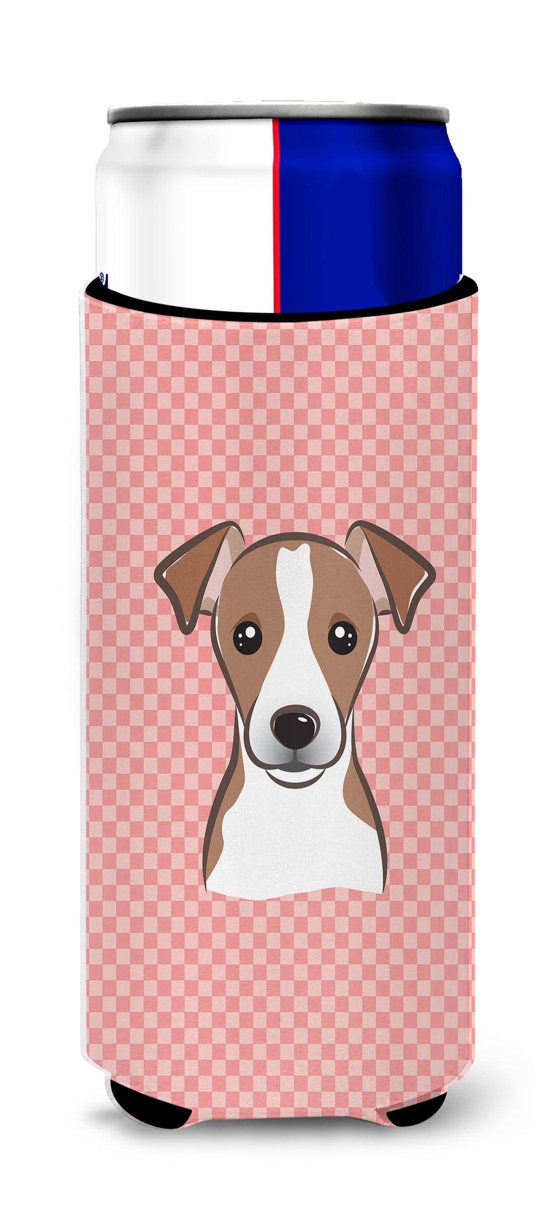 Checkerboard Pink Jack Russell Terrier Ultra Beverage Insulators for slim cans.