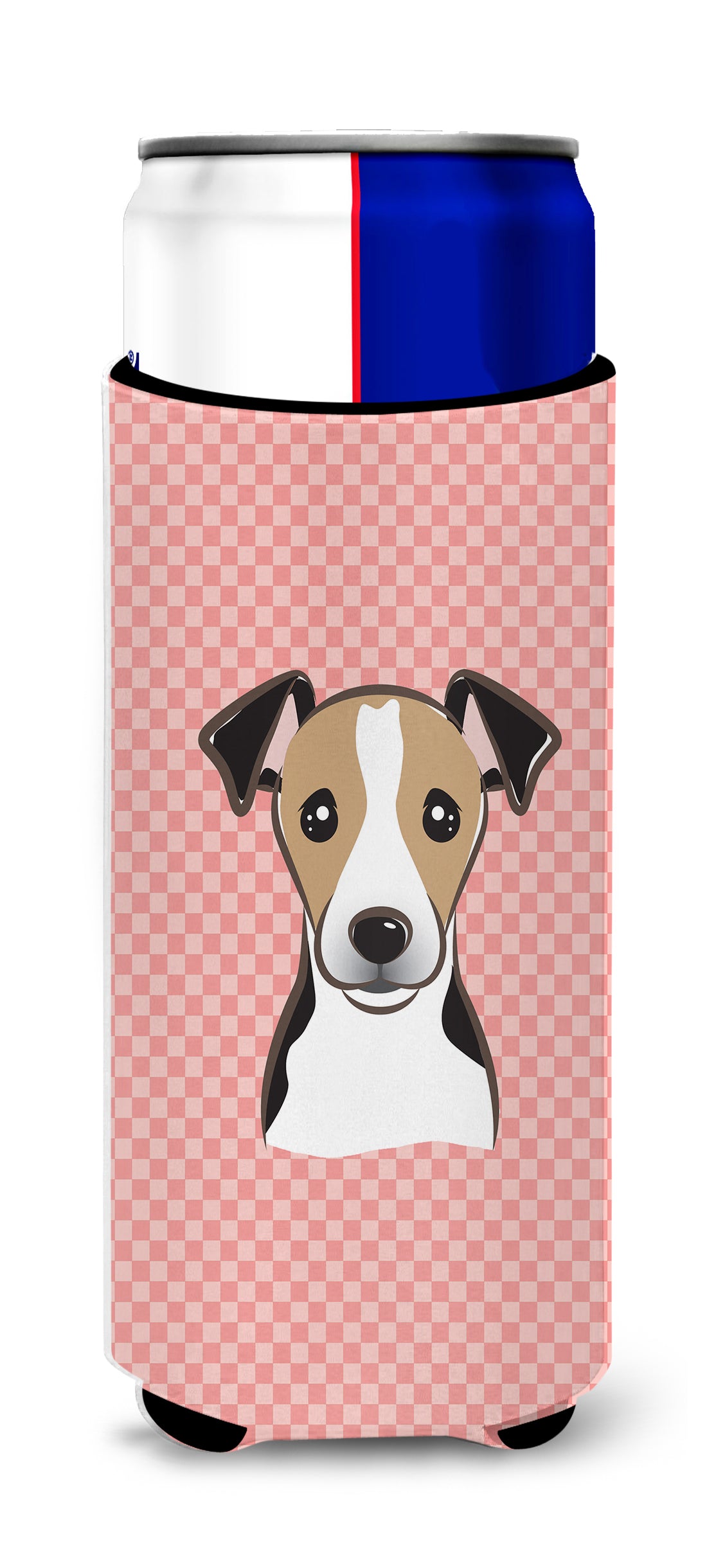 Checkerboard Pink Jack Russell Terrier Ultra Beverage Insulators for slim cans.