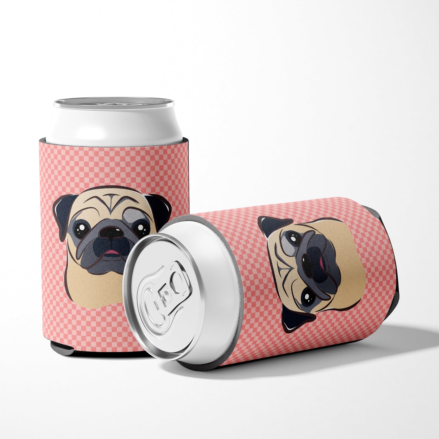 Checkerboard Pink Fawn Pug Can or Bottle Hugger BB1262CC.