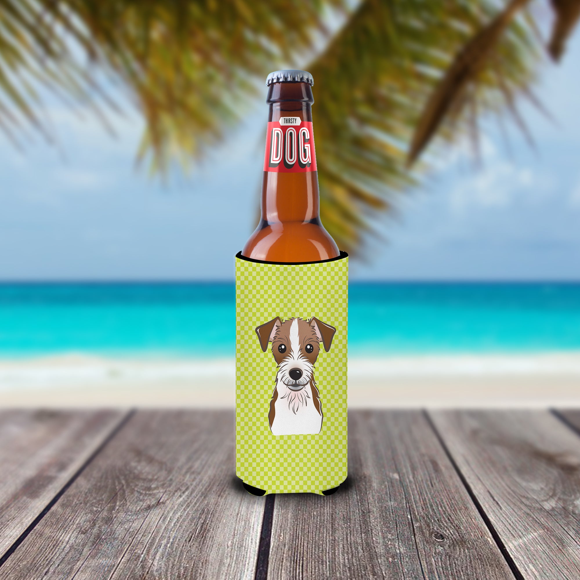 Checkerboard Lime  Jack Russell Terrier Ultra Beverage Insulators for slim cans.