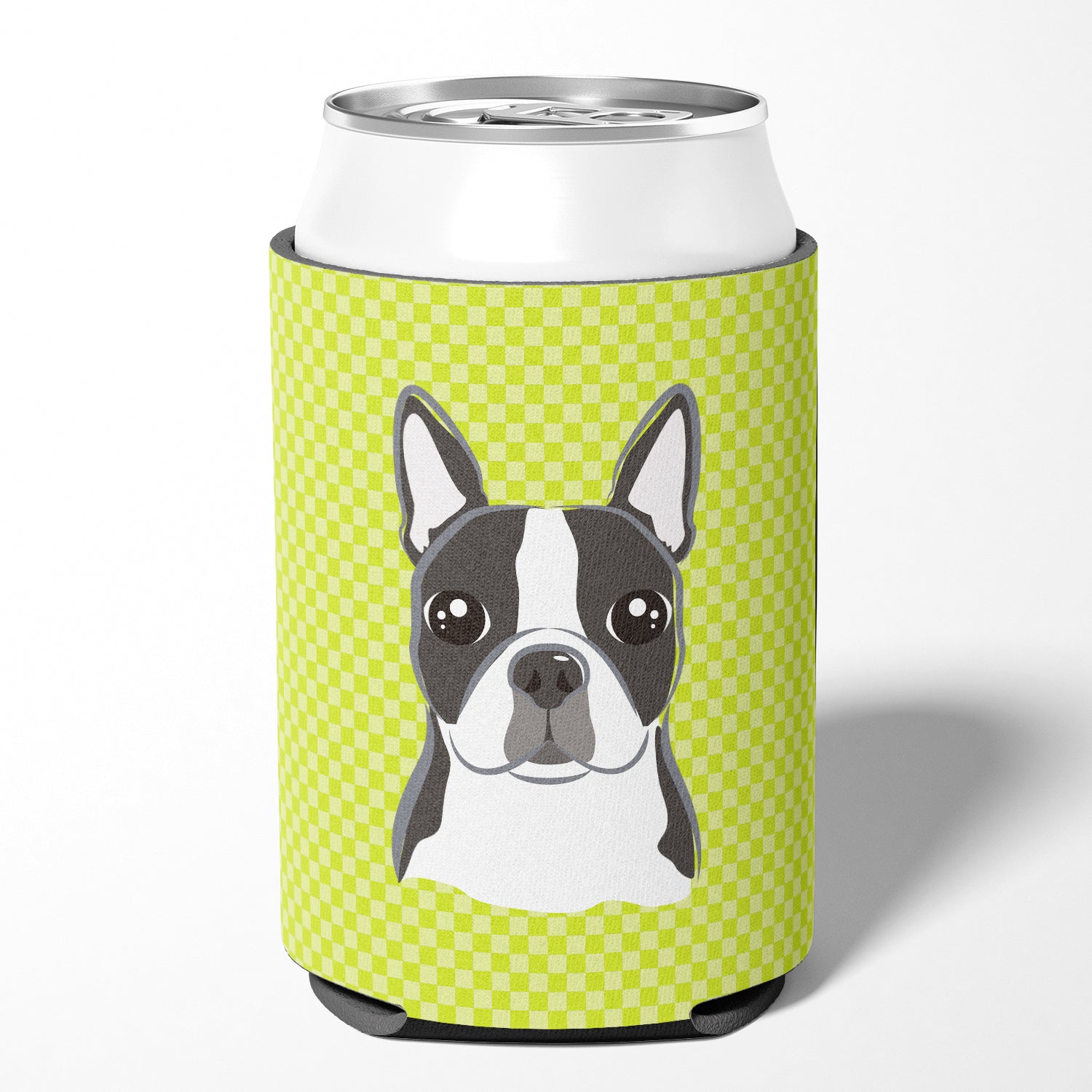 Checkerboard Lime Green Boston Terrier Can or Bottle Hugger BB1265CC.