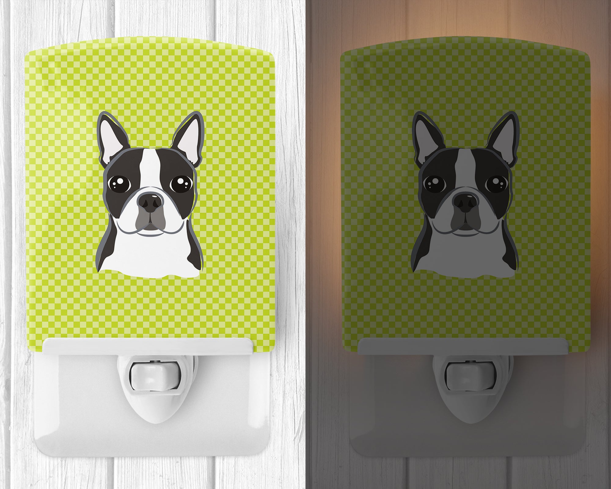 Checkerboard Lime Green Boston Terrier Ceramic Night Light BB1265CNL - the-store.com